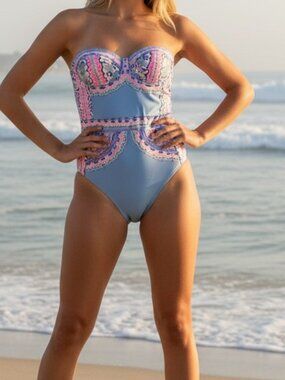 Lilly Pulitzer Bandeau One-Piece Swimsuit Size 8 Blue Pink Coastal Resort Chic